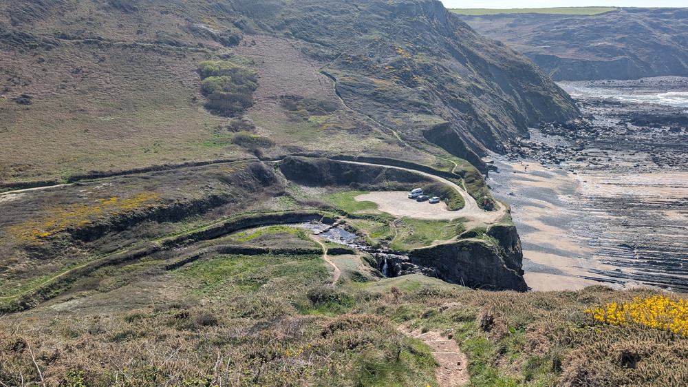 View of Welcombe Mouth beach and car park