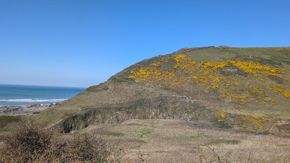 Looking back to the descent from Ronald Duncan's Writing Hut, just visible on the ridge