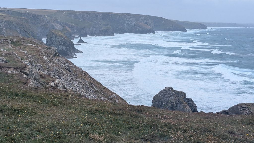 Bedruthan Steps across from Pentire Steps