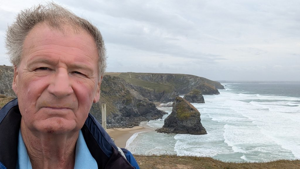 A windy view of Bedruthan Steps from Pentire Steps