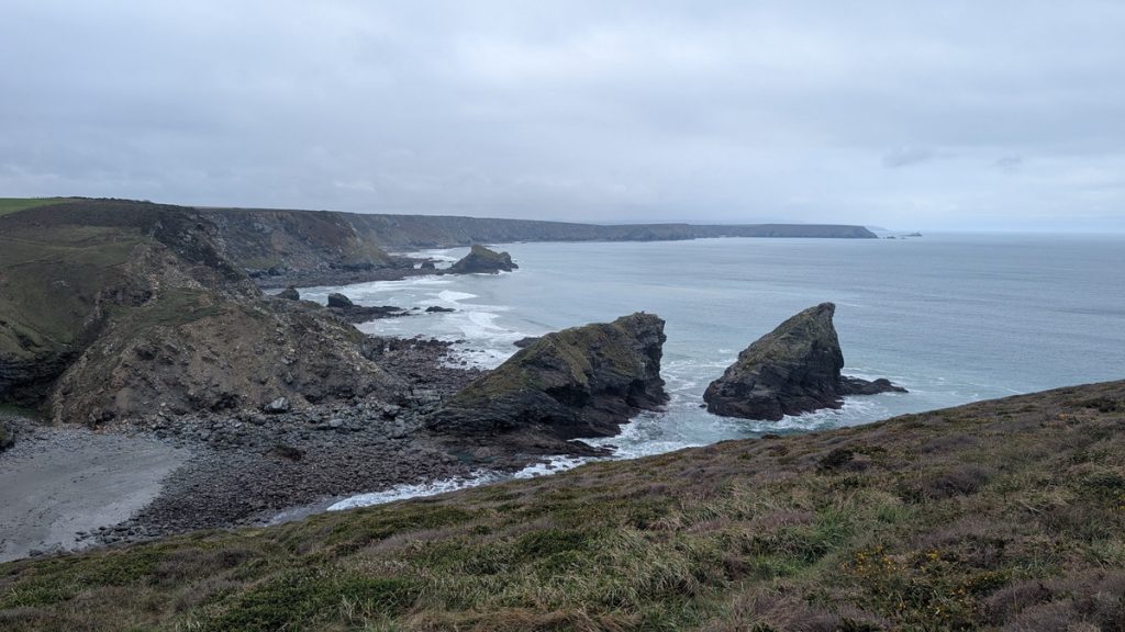 Looking across Porth-cadjack cove along the first half of our walk towards Godvevy Lighthouse, with Samphire and Asparagus Islands in the foreground and the Crane Islands further away
